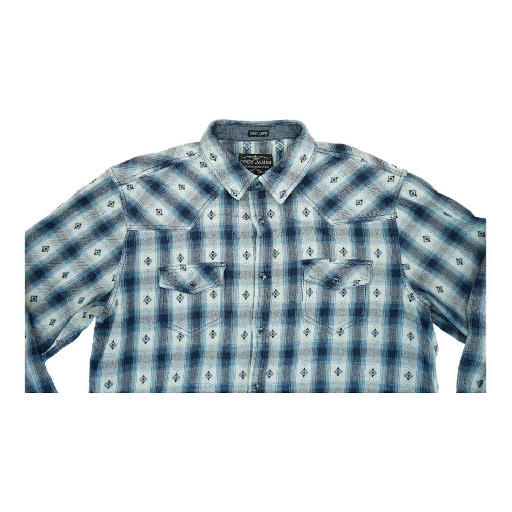 Cody James Shirt Mens XL Blue Plaid Western Slim Fit Pearl Snap‎ Long Sleeve